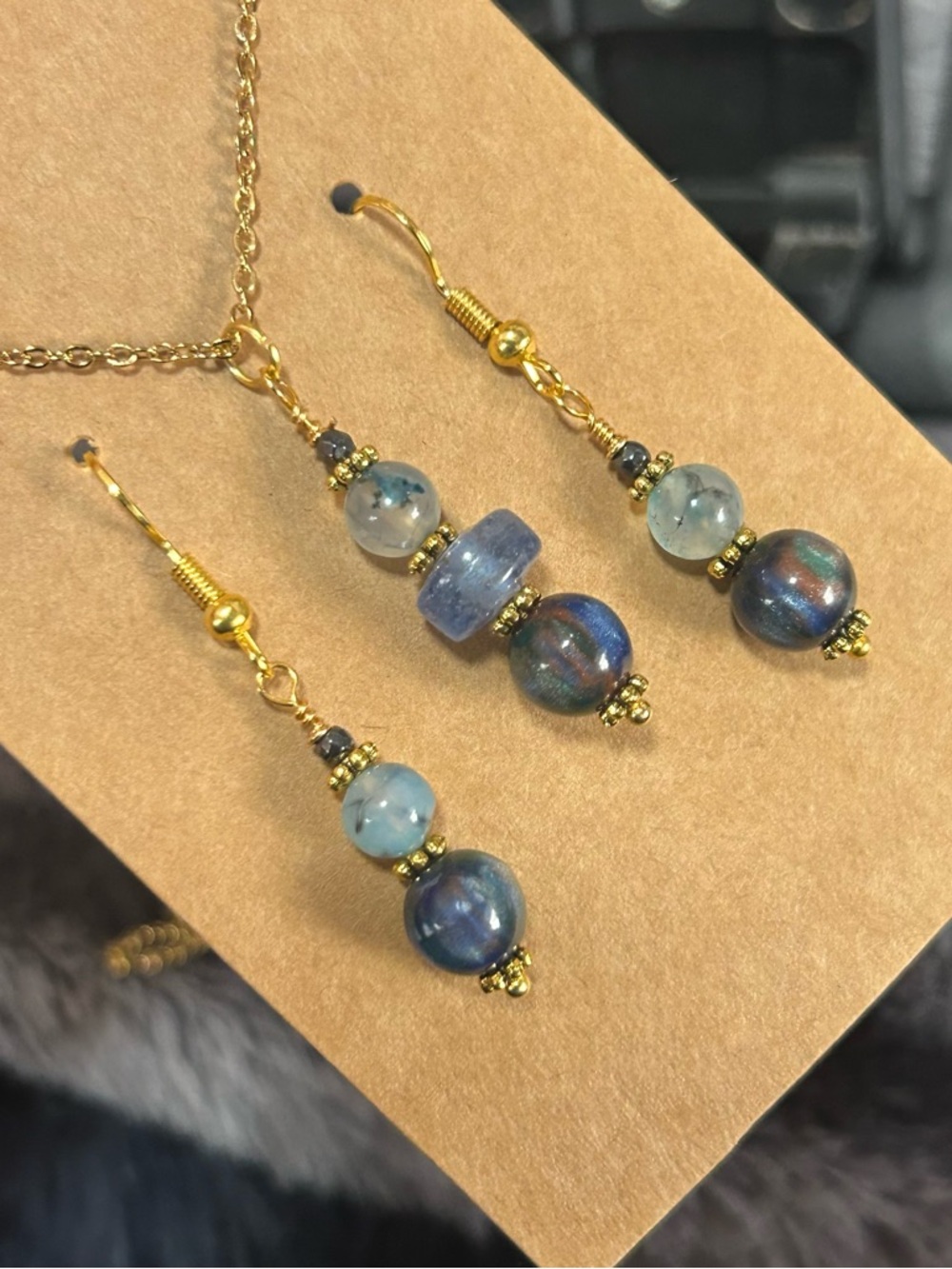 Handcrafted cat eye glass dragon vein agate necklace and earring set